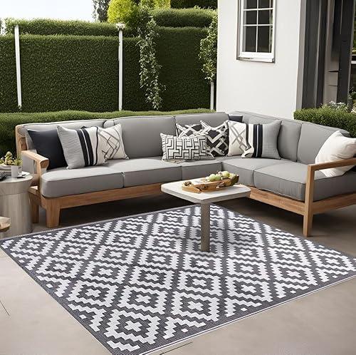 GBS Lightweight Reversible Portable Garden Rug, Large Outdoor Rug, Anti-slip Plastic Straw Portable Carpet Mat UV Resistant Waterproof Indoor Area Rugs for Garden Patio Beach Picnic(Grey 120 x 180cm)
