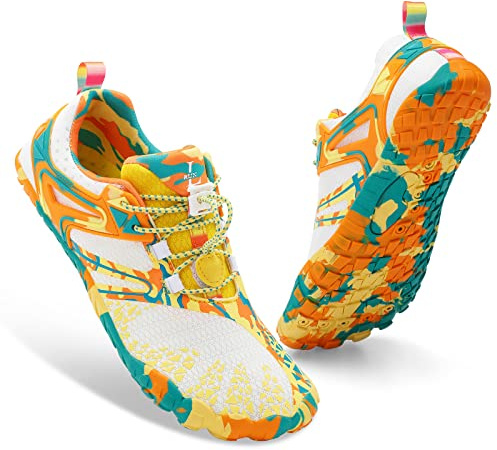 XIHALOOK Wide Toe FiveFingers Shoes for Water Aerobics Beach Boating Swimming Barefoot for Women Beige Yellow, 7.5 Women/6 Men
