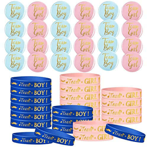 Set di 48 Giochi di Genere per Rivelazione Include 24 Spille e 24 Braccialetti in Silicone Team Girl Boy in Blu Navy e Oro Rosa per Baby Shower
