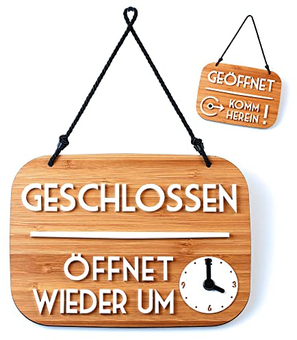 Geöffnet Geschlossen schild Bin gleich zurück mit Saugnapf, vintage Retro - Öffnungszeiten änderbar, mit Zeitanzeige und beweglichen Zeigern (Bambusholz, Deutsch)