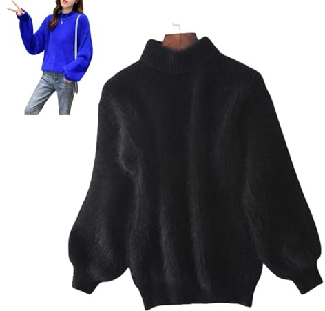 Nearflying dam vinter angora kashmir blandning lös varm tröja, enfärgad rund hals stickad pullover fluffig tröja, Svart, en storlek
