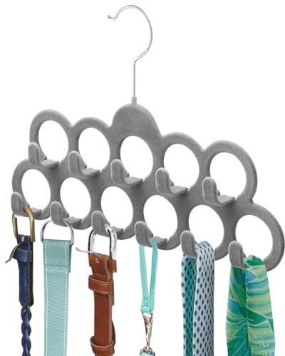 ManGotree Samt-Schalbügel, Schal-Organizer, Beflocktes Samt-Finish, Schalhalter mit 11 Schlaufen und Haken für Schals, Schals, Krawatten, Gürtel oder anderes Zubehör, Grau, 2er-Pack