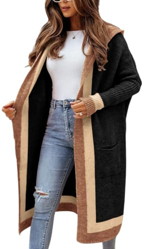 chouyatou Women's Color Block Vertical Striped Open Front Oversized Hooded Long Cardigan Sweaters with Pockets (Medium, Black)