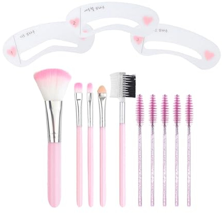Benixmidart 10Pcs Makeup Brush Set, Eyeshadow Brushes with Blush Brush, Lip Brush, Duel Use Eyebrow Brush, 5Disposable Lash Spoolies and 3Eyebrow Cards, Professional Makeup Brushes (Pink)