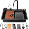 Lavello da cucina nero in acciaio inox 304 sottotop/a cascata lavello da cucina a una vasca lavello da postazione di lavoro con rubinetto estraibile e accessori (Autunno, 75CM)