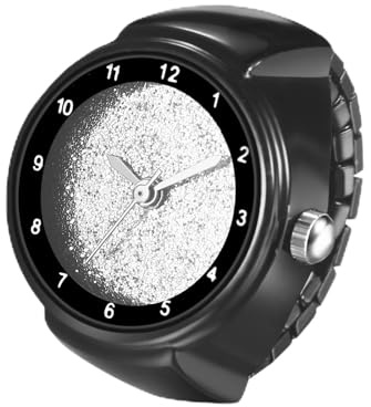 JewelryWe Unisex Finger Ring Watch: Men Women Black Elastic Stretchable Band Arabic Numerals Round Dial Stainless Steel Quartz Ring Watches