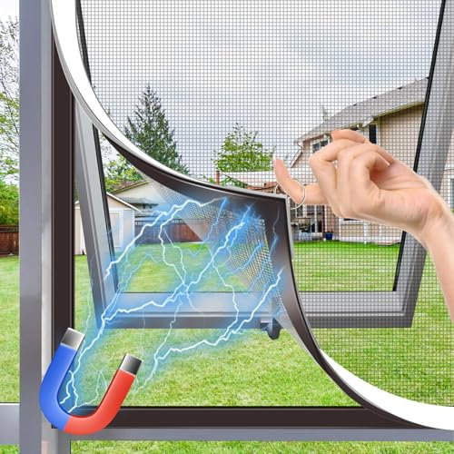 MLEJU Fliegengitter Fenster Magnet, Max 100 x 100 cm, Reißfestes Fiberglasgewebe, Insektenschutz Fenster Einfache Montage ohne Bohren, Magnet Rahmen für Fliegengitter Fenster-Weißer Rahmen graues Netz