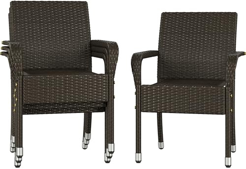 Abician Lot de 4 Chaises de Jardin en Rotin Synthétique Fauteuils Empilables d'Extérieur avec Accoudoirs Cadre en Métal Terrasse Véranda Balcon Salon Salle à Manger Marron