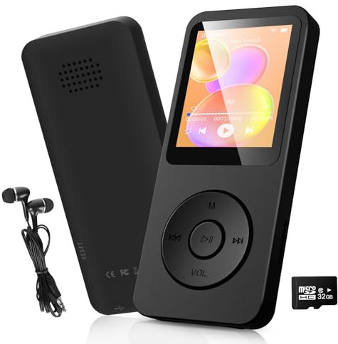 Reproductor MP3 de 32 GB Bluetooth 5.3 con Pantalla TFT a Color de 1,8 Pulgadas con Auriculares, Dispositivo mp3 para niños con Altavoz, Radio FM, Libro electrónico, grabación, Soporte de hasta 128
