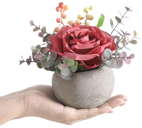 Wenhuidr Artificial Flowers Kit with Pot, Combination of Fake Silk Pink Roses and Greenery, Faux Small Plant Potted with Eucalyptus Leaves for Offices Bookshelf Home Room Party Wedding Decorations