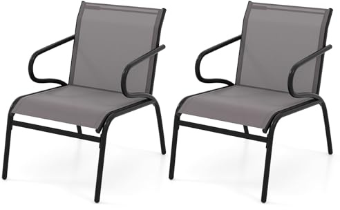 COSTWAY Set di 2 Sedie da Patio con Tessuto Traspirante e Struttura in Metallo, Sedie da Bistro da Esterno con Braccioli, Poltrona per Giardino Terrazza Portico, Portata 150 kg
