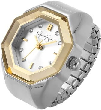 Jessica Simpson Women's Silver Adjustable Ring Watch – Gold Octagon Bezel, Quartz Analog Mini Dial, Stretch Band Fashion Jewelry Accessory