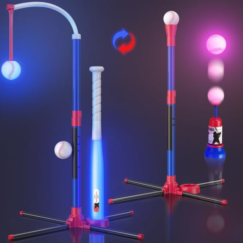 HYES Baseball Set 3 en 1 pour Enfants LED Balle de Baseball | Support de balle, suspendu, lanceur de balle et 4 balles molles – Hauteur réglable, cadeaux de sport intérieur