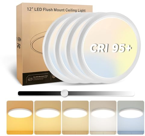 EOSMILE 4Pack 12 Inch LED Flush Mount Ceiling Light, 25W, 3000LM, CRI 95+, 2700K-5000K 5CCT & Dimmable, White Round Surface Flat Panel Light for Hallway, Kitchen, Bedroom, Laundry Room
