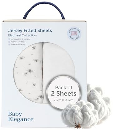 Baby Elegance Cot Bed Sheets, 140 x 70 cm Fitted, 2-Pack (Elephant Design) | Machine Washable, Ultra-Soft & Breathable Cotton, Premium-Quality Jersey, Hypoallergenic, Durable Quality, Includes 2 Sheets