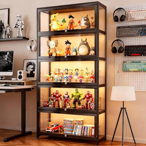 Scribora 5-Tier Display Cabinet with Acrylic Glass Doors, Collectibles Toy Organizers Rack & Display Shelf, Bookcase for Home Office Playroom Living Room (Black-flip Door)
