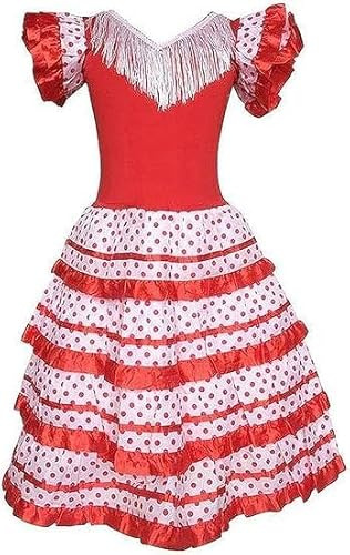 10 años. Blanco Rojo. Vestido de niña para Baile Flamenco o sevillanas, Tradicional español, Colores españa.