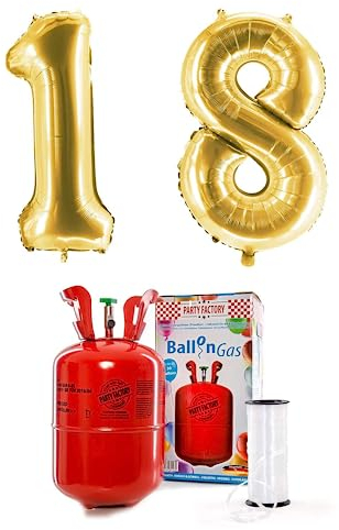 Party Factory – Helium Gasflasche 200L im Set mit XXL Zahlenballon 18 Gold – Partydeko Ballongas Flasche mit Folienballon & 40 m weißer Ballonschnur – Einwegflaschen mit Knick-Füllventil