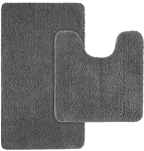 MIULEE Badematte Duschvorleger Badvorleger Flur 2er Set rutschfest Matte Teppiche Badteppich Badezimmerteppich Waschbar Saugfähig für Bad Wohnzimmer 40x60 cm und 45x45 cm mit Ausschnitt Grau