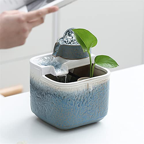 Ceramic Tabletop Fountain with Ball for Indoor Table Desk Office Patio (Blue)