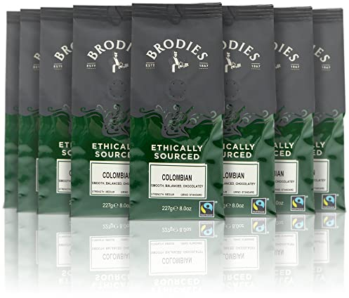 Brodies Ethically Sourced Artisan Ground Coffee - Colombian Fairtrade 100% Arabica smooth, balanced, chocolatey, medium Strength, standard Grind, Hand roasted (8 Pack of 227 g)