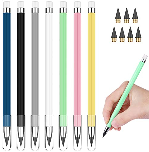 Vicloon Tintenlose Bleistifte Ewig, 7 Stück Mit Radiergummi Und Ersatzspitzen, Unendlicher Bleistift Ohne Anspitzen Zum Schreiben, Zeichnen, Wiederverwendbar(A)