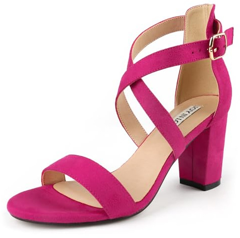 JOY IN LOVE Women's Chunky Block Heels 3 Inch Ankle Strap Low Heel Sandals Fuchsia Suede 7US
