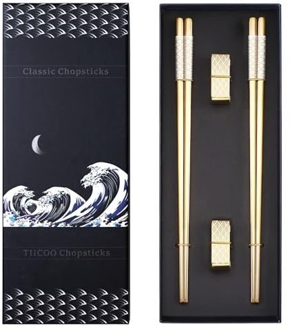 TIICOO Reusable Titanium Stainless Steel Chopsticks 2 Pairs with Holder, Dishwasher Safe, Lightweight Korean Japanese Chinese Chopsticks Gift Set (Gold)