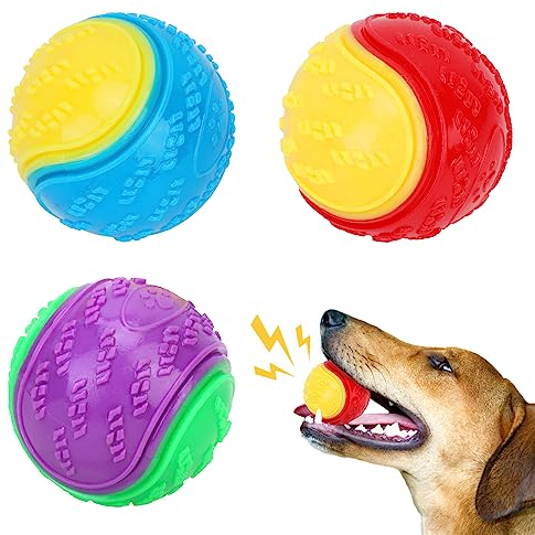 QKURT 3 Stück Quietschende Hundebälle,hundespielzeug unzerstörbar, Gummi Hohe Dehnbar Hundebälle, Zähne Training Hund Ball Spielzeug, Hund Interaktive Hund Ball Kauspielzeug für mittelgroße Hunde