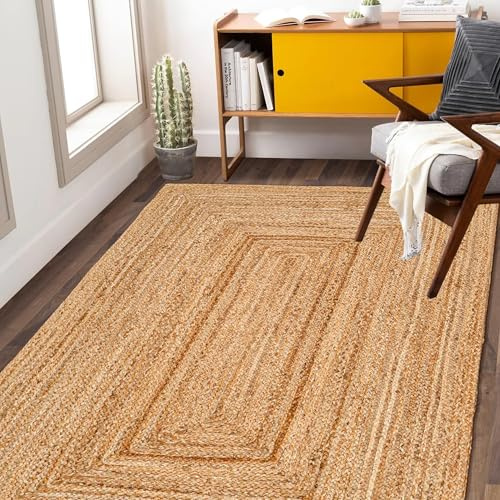 RIANGI Hand Woven Jute Area Rug - 3' x 5' Feet - Rustic Beige Reversible Rectangular Rugs for Bedroom, Kitchen, Living Room - Vintage Natural Braided Entry Floor Décor Boho 3x5 Jute Rug