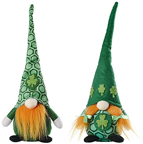 Super Idee 2er Set St. Patricks Day Wichtel Glückszwerg mit dreiblättriges Kleeblatt Frühling Irischer Wichtel Deko Wichtel Figuren Kleeblatt Zwerg Plüsch Puppe Grün Maße 26 x 9 x 6 cm (Style A)
