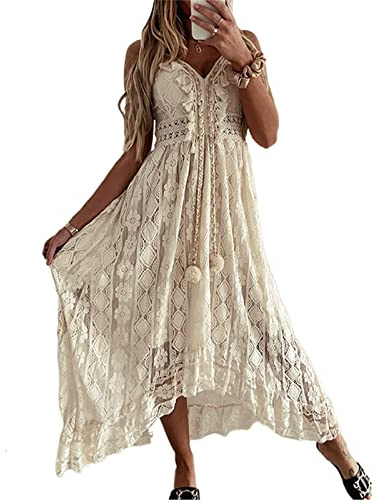Edhomenn Dam Boho maxiklänning lång aftonklänning ärmlös spets blommig anpassad spagettirem klänning V-hals festklänning, 08 beige, XL