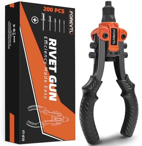 FOREVTL 10'' Nietenzange Set inkl 200 Nieten für Blindnietzange mit 6,4mm-2,4mm Blindnieten, 5 auswechselbaren Mundstücken, Profi Nietpistole, Nietzange Set für Automobil, Eisenbahn, Möbel, Instrument