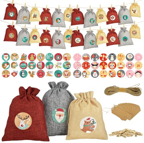 Adventskalender zum Befüllen, 24 Stück Weihnachtskalender zum Befüllen 20x15cm,18x14cm,15x12cm Jutesäckchen Adventskalender Säckchen+ Adventskalenders Zahlen Holzetikett DIY Adventskalenders Basteln