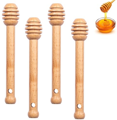 Tomuvpzn Cucchiaio per miele in legno di faggio, 4 cucchiai per miele e sciroppo, 14,4 cm, cucchiaio per mescolare, manico dritto per marmellata, sciroppo, yogurt e senza residui