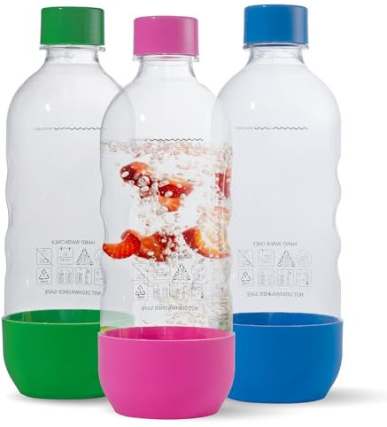 Ersatz-Sprudelwasserflaschen für SodaStream, 1 Liter, BPA-frei und auslaufsicher (kompatibel mit Fizzi, One Touch, Jet, Source, Play, Genesis, Power-Modellen), 3er-Pack (mehrfarbig)