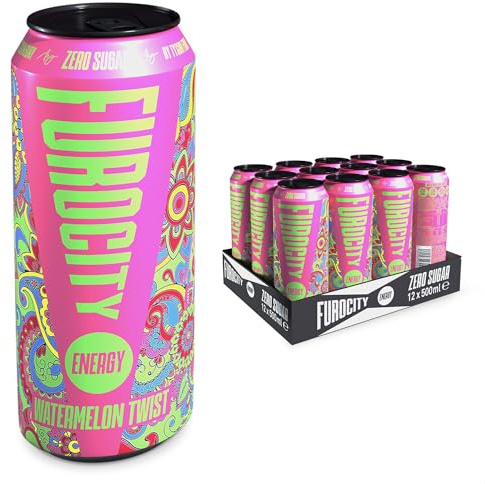 Furocity Sugar Free Energy Drink, Watermelon Twist, 157mg Caffeine, Low Calorie, Zero Sugar, High in Vitamins C, B6, B12, Taurine, Vegan, 12 x 500ml Cans