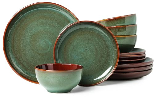 Pokini Stoneware Dinnerware Sets, Ceramic Plates and Bowls Set, Microwave & Dishwasher Safe Kitchen Dishes, Modern Dinner Salad Plates | Cereal Bowls, Dishware Sets Service for 4 Sage Green