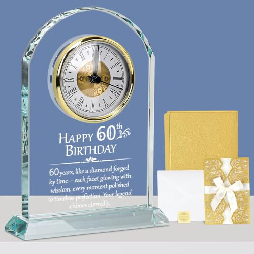 Top-spring 60th Birthday Gifts for Women, Men, Parents & Grandparents, Desk Quartz Clock With Card, Crystal Gifts & Ladies 60th Birthday Decorations (60th Birthday Gifts)