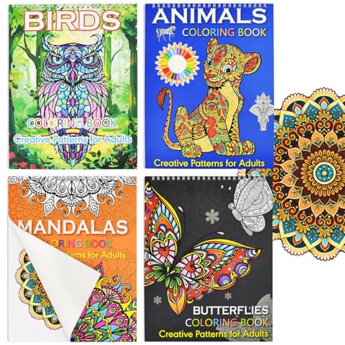 Elyyapt Lot de 4 livres de coloriage Mandalas à spirales relaxants pour thérapie de la couleur anti-stress adultes livres de coloriage pour femmes et hommes, oiseaux, animaux, papillons, motifs pour