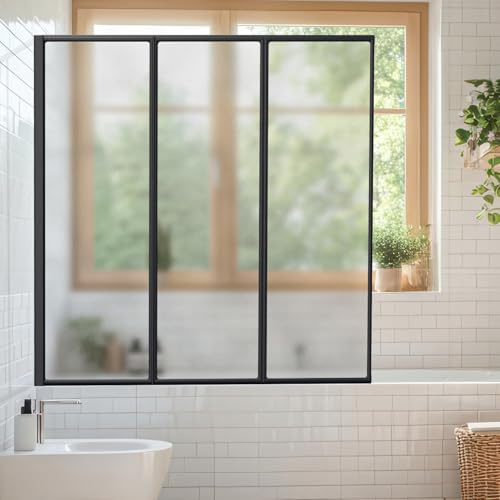 Daromigo Mampara de ducha para bañera de 120 x 140 cm, 3 piezas, plegable de plástico PS irrompible, accesorio para bañera con marco de aluminio negro, protección contra salpicaduras con estructura