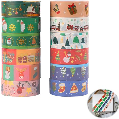 12 rullar jul Washi Tape Set, Washi Tape julset dekorativ tejp guldprägling självhäftande tejp färgglad för hantverk gör-det-själv scrapbooking planerare present förpackning dekorationer