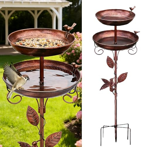 SKIKHN Comedero y Bebedero para Pájaros Exterior,117CM Metálico Bebedero para Pájaros de Pie,Baño para Pájaro para Jardín,Comedero Pajaro Exterior con Pie,Altura Baño Aves Estilo Retro Decoración