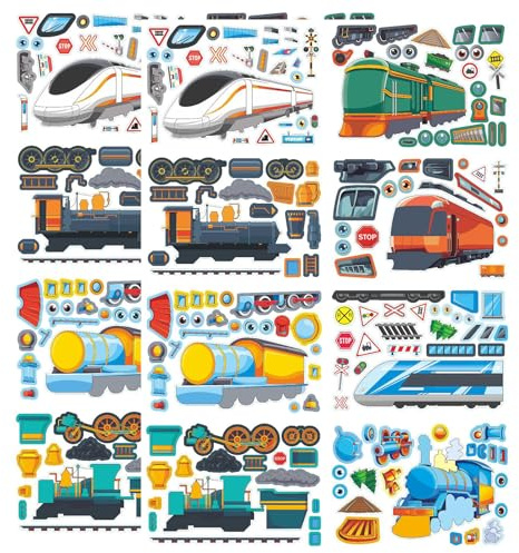 Lot de 16 autocollants de train, autocollants pour le visage, pour créer des feuilles d'autocollants interactifs, réutilisables pour enfants, fêtes, anniversaires, fournitures artisanales