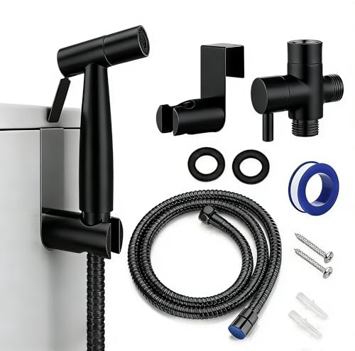 Bidé handdusch set för bidé toalett – rostfritt stål robust WC duschset med fäste T-adapter och fjäderslang för toalett, husdjur och rengöring (G1/2-svart)