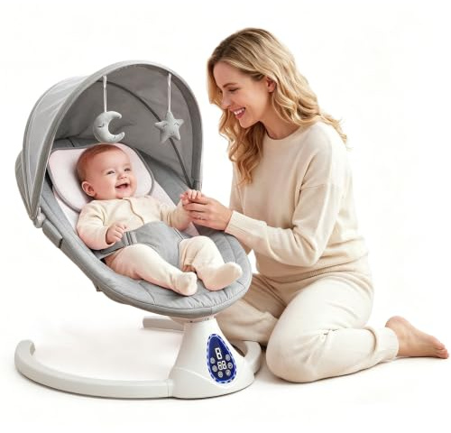 Baby Bouncer from Birth - Electric Baby Swing Chair with 5-Speed, 3-Stage Timer, Touch Panel, Remote Control, Soft Seat| Bluetooth Sturdy Baby Rocker for 0-6 Months| Less Arm Strain (Grey)
