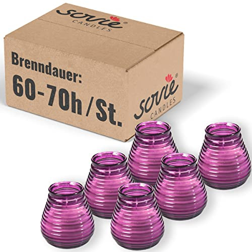 Sovie CANDLES Glaswindlicht Flairlight LILA 6er Set – Edle Kerzen im Glas – ca. 60–70 Std Brenndauer – Elegante Deko & stilvolles Licht - Kerzen Deko Innen & Außen