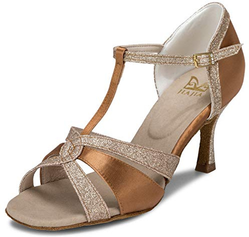 JIAJIA 20519 Women's Satin Sandals Flared Heel Latin Salsa Performance Dance Shoes Colour Tan,Size 8 UK/42 EU