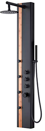 XXL Duschpaneel in Schwarz Matt mit Thermostat und echter Bambuseinlage