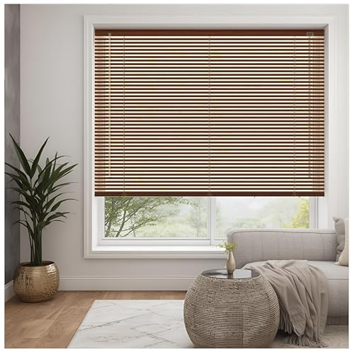 PVC Woodgrain Effect Window Venetian Blinds - Walnut, 105cm x 213cm | Child Safe Easy Fit Trimmable Fittings Tilt Control Wand Mechanism - Privacy shutters Perfect for Home offices Window Blind